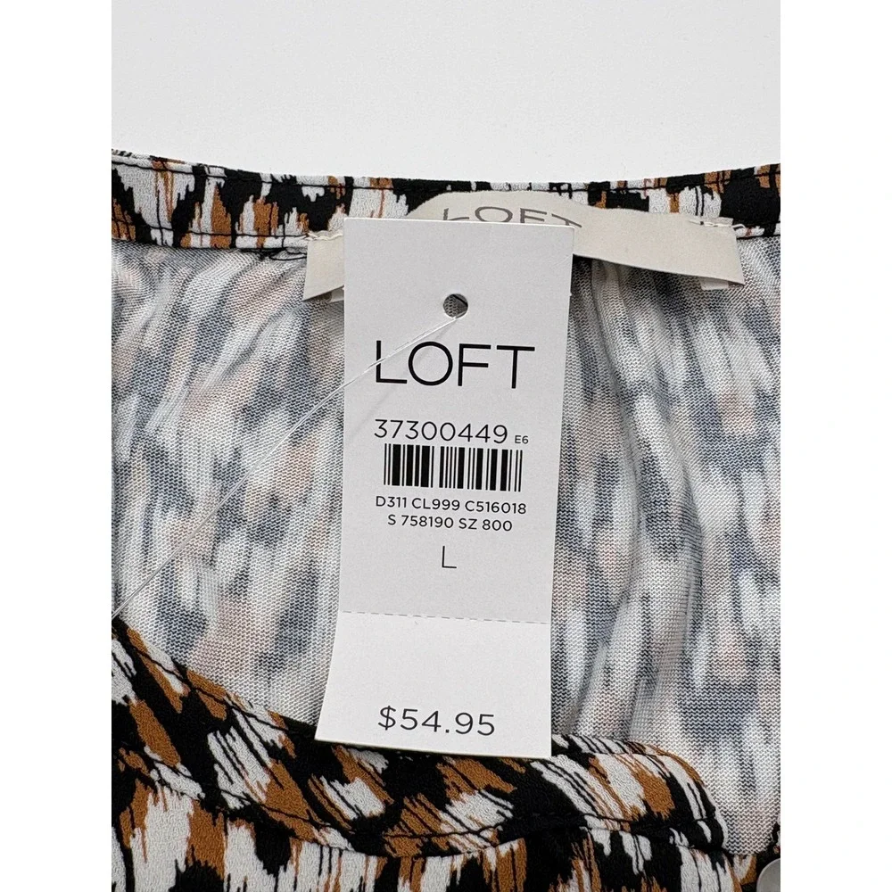 LOFT NWT Animal Print Ikat Cheetah Blouse Large Brown Black Button Top Pleated‎